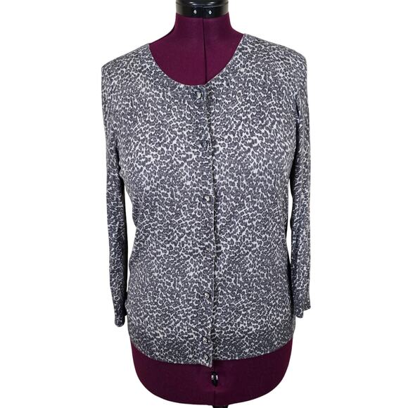 Women's Talbots Gray Cheetah Print 3/4 Sleeve Knit Cardigan | Size Large - Picture 1 of 10